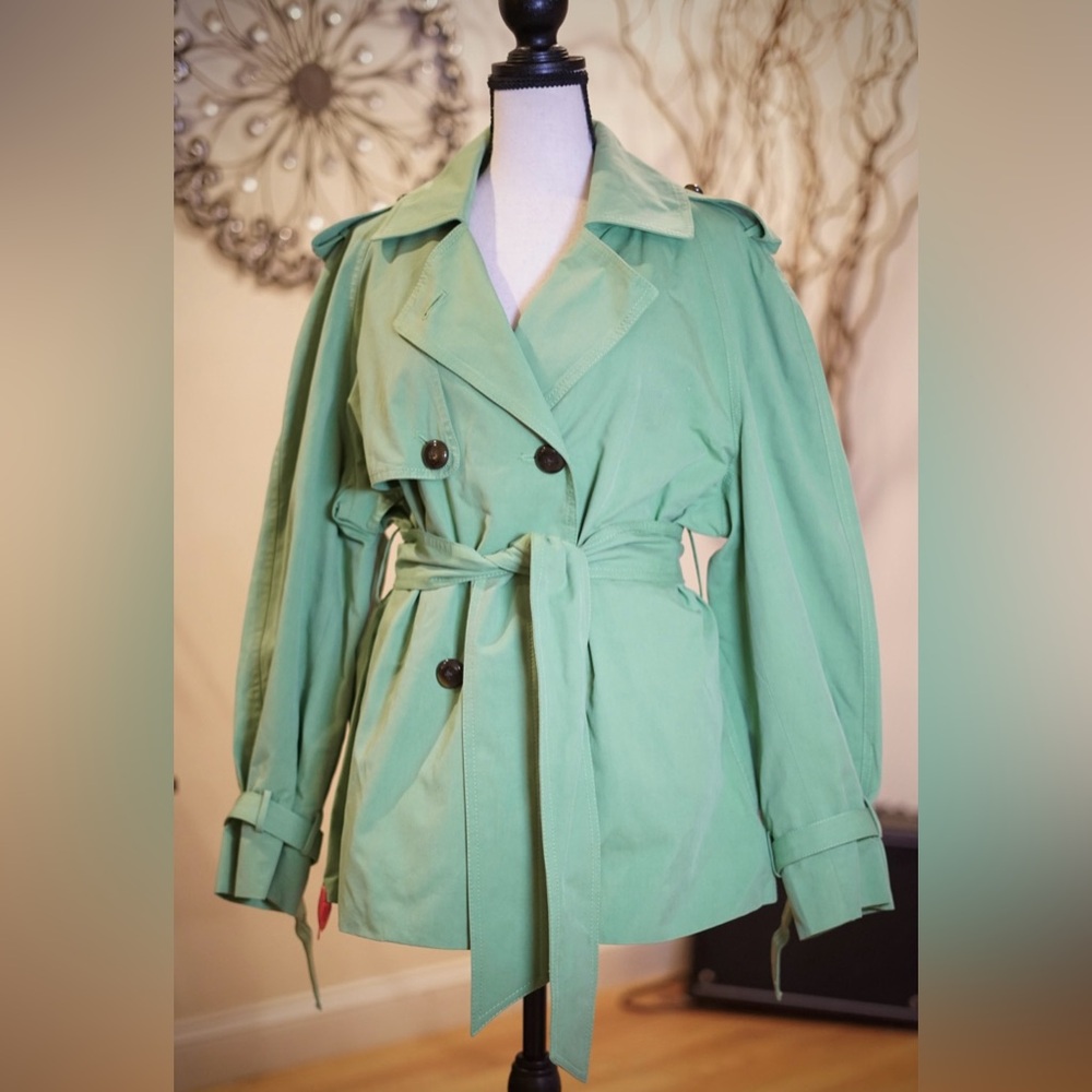 NWT FARM Rio Green‎ Belted Cropped Trench Jacket M Statement Spring Coat